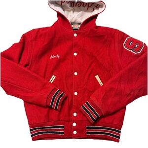 Vintage NEFF Varsity Jacket Hooded Red Wool Leather Letterman USA M 90s